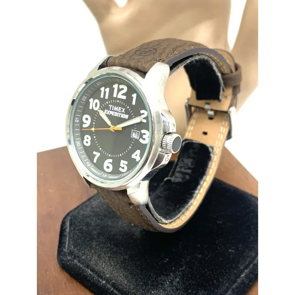Timex Men's Watch T44921 Expedition Quartz Indiglo Black Dial Brown Leather 40mm
